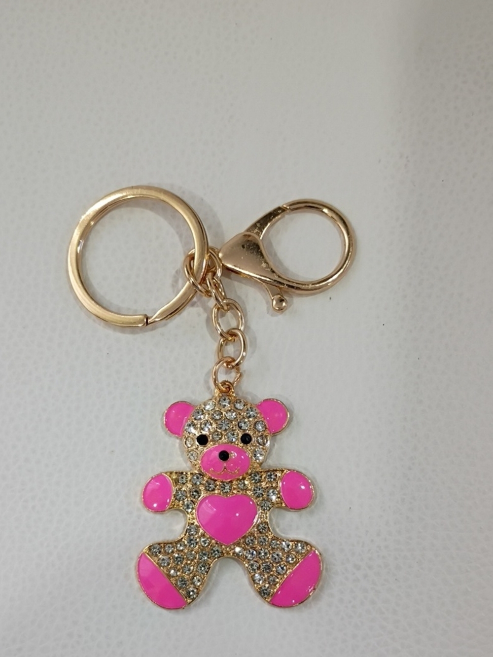 Gold-Tone Pink Crystal Teddy Bear Keychain - Bag Accessories